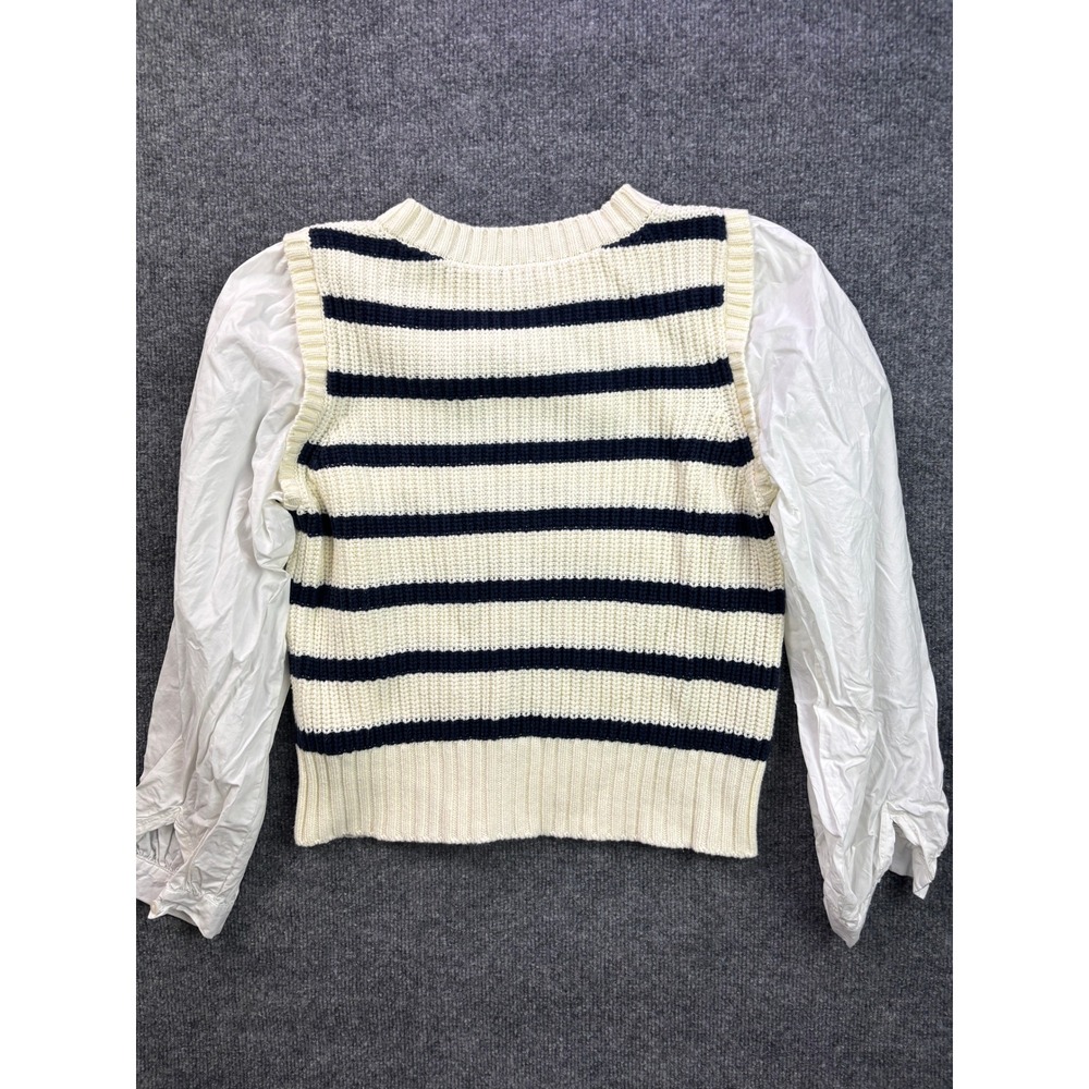 Rails Bambi Mixed Media Sweater Womens Medium Ivory Navy Stripe Puff Sleeve - Picture 7 of 7
